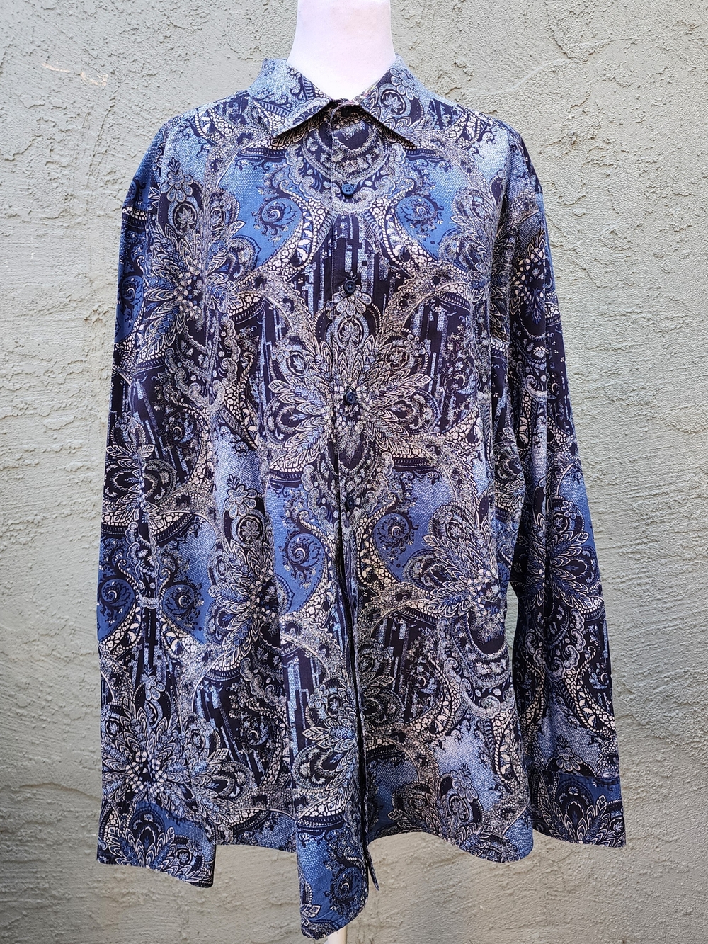 Vintage 90s Blue Paisley Baroque Button Down Shirt - Long Sleeve Avant Garde 2XL